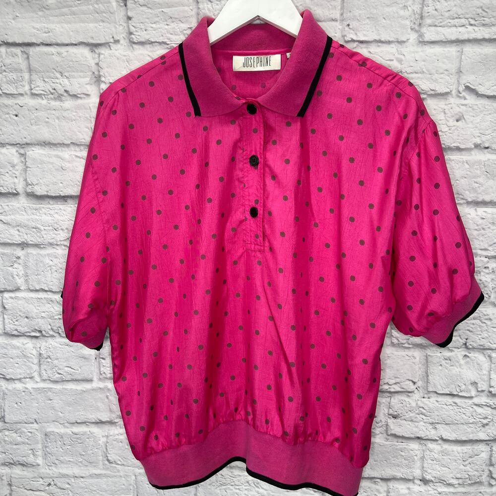 Vintage Josephine Womens Blouse Hot Pink Dot Banded Size L Collar Silky 90s